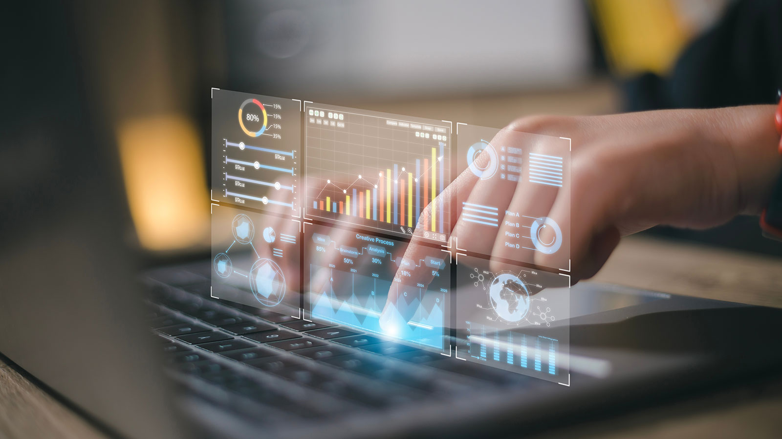 Data analyst working on business analytics dashboard with charts, metrics and KPI to analyze performance and create insight reports for operations management