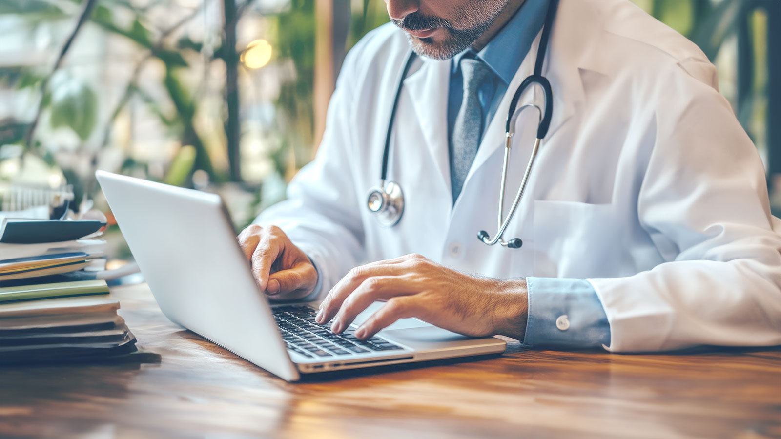 Doctor at his desk examining files