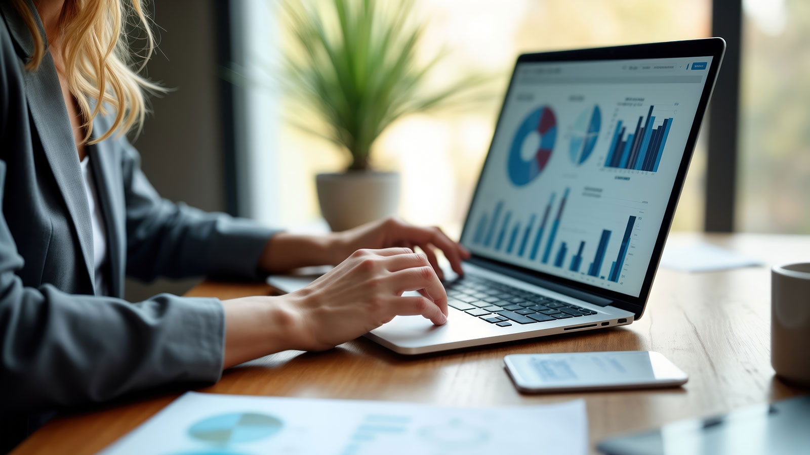 Businesswoman working on laptop analyzing financial data