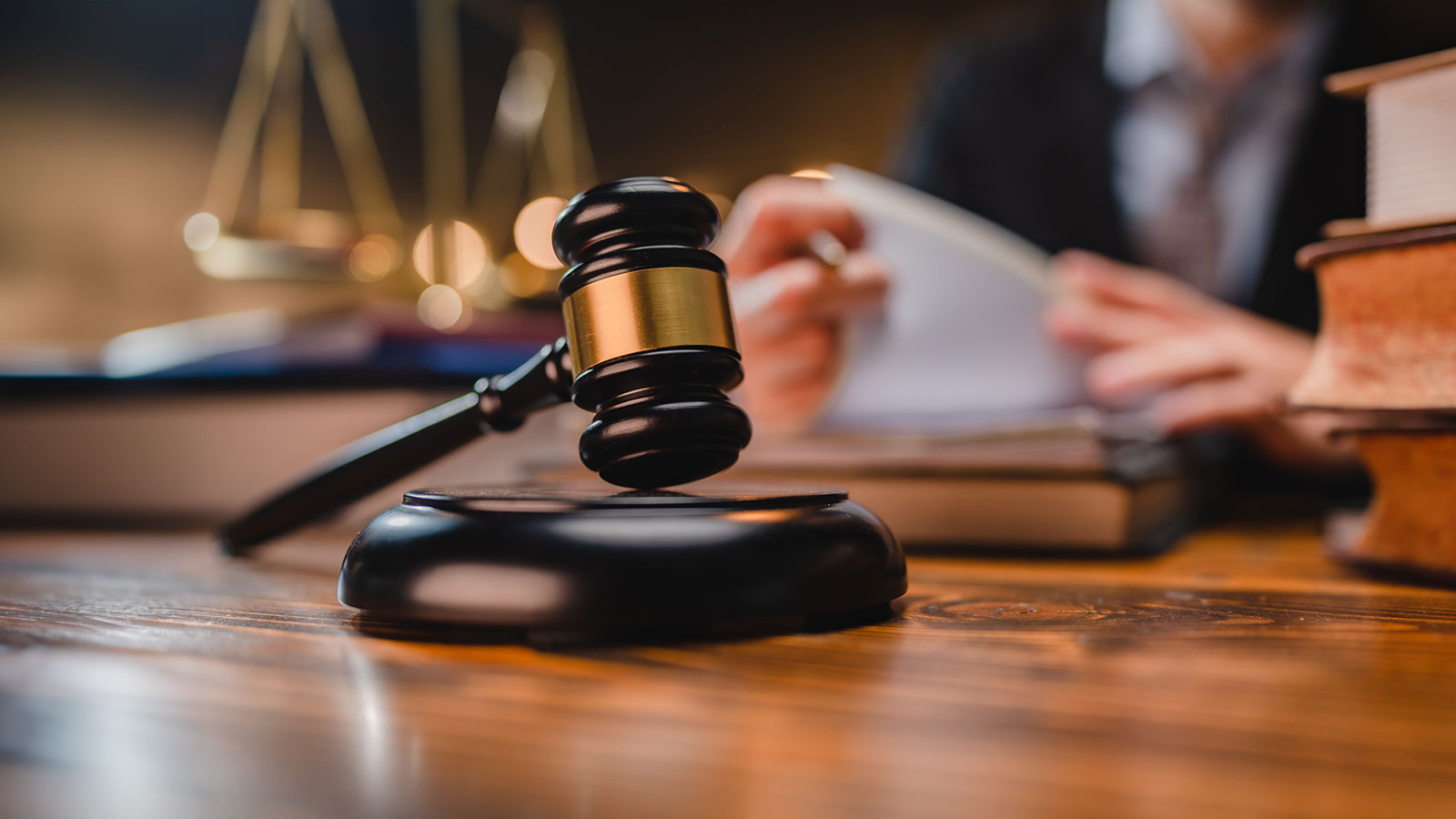 Law and authority lawyer concept, judgment gavel hammer in court courtroom