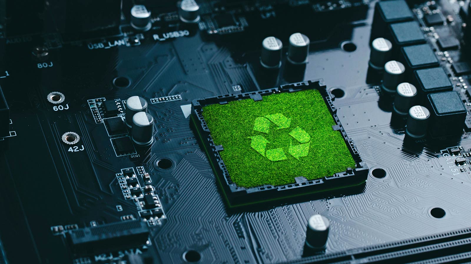 Concept of green technology. green recycle sign on circuit board technology innovations