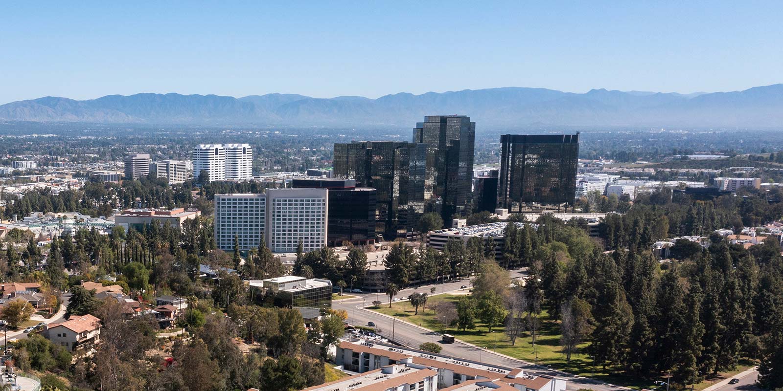 Daytime aerial skyline view of the Woodland Hills area of Los Angeles, California