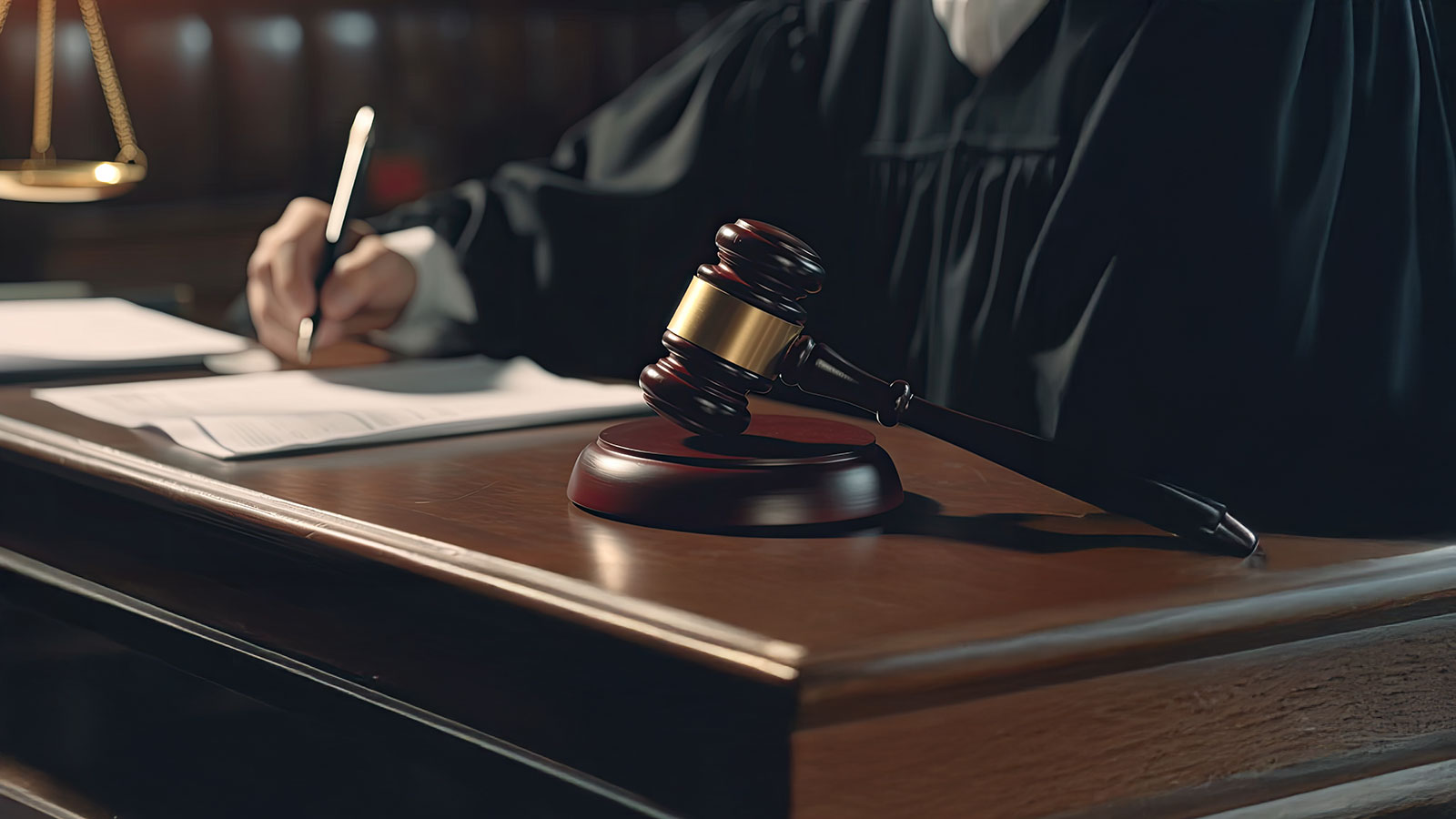 Judge in court room writing report judge hammer