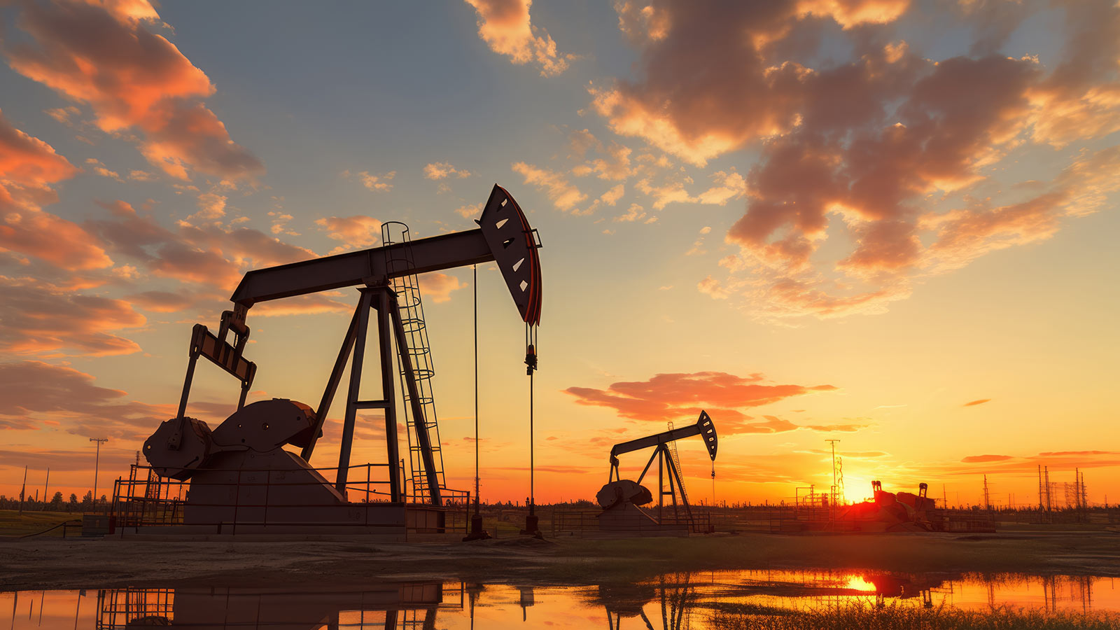 A captivating silhouette of pumping stations and an oil well