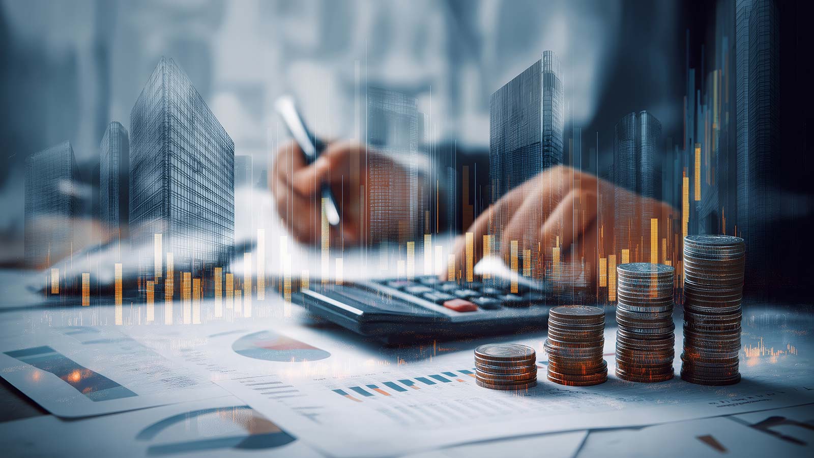 Business professional calculating financial expenses with calculator and paperwork on desk