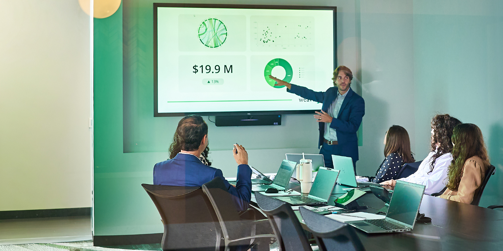 Weaver employees gathered and discussing a presentation