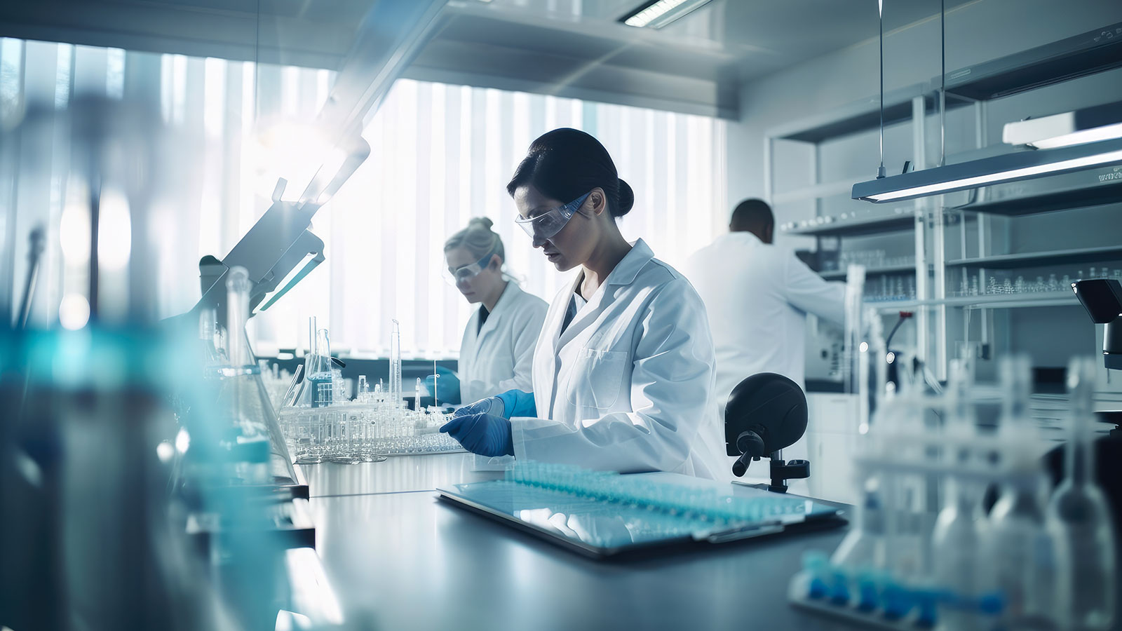 Biotechnology laboratory with scientists in lab coats conducting experiments