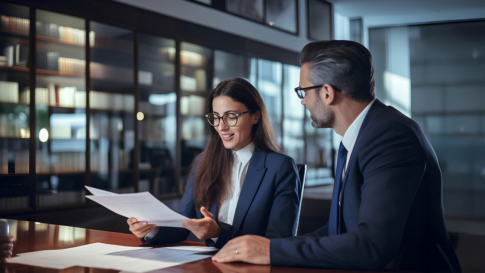 Business woman attorney showing document to man client providig advisory services