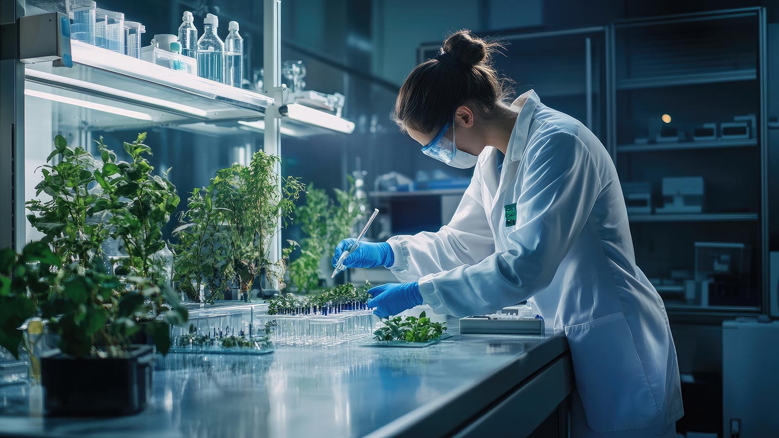 A scientist in a lab coat carefully conducts plant research in a high-tech laboratory