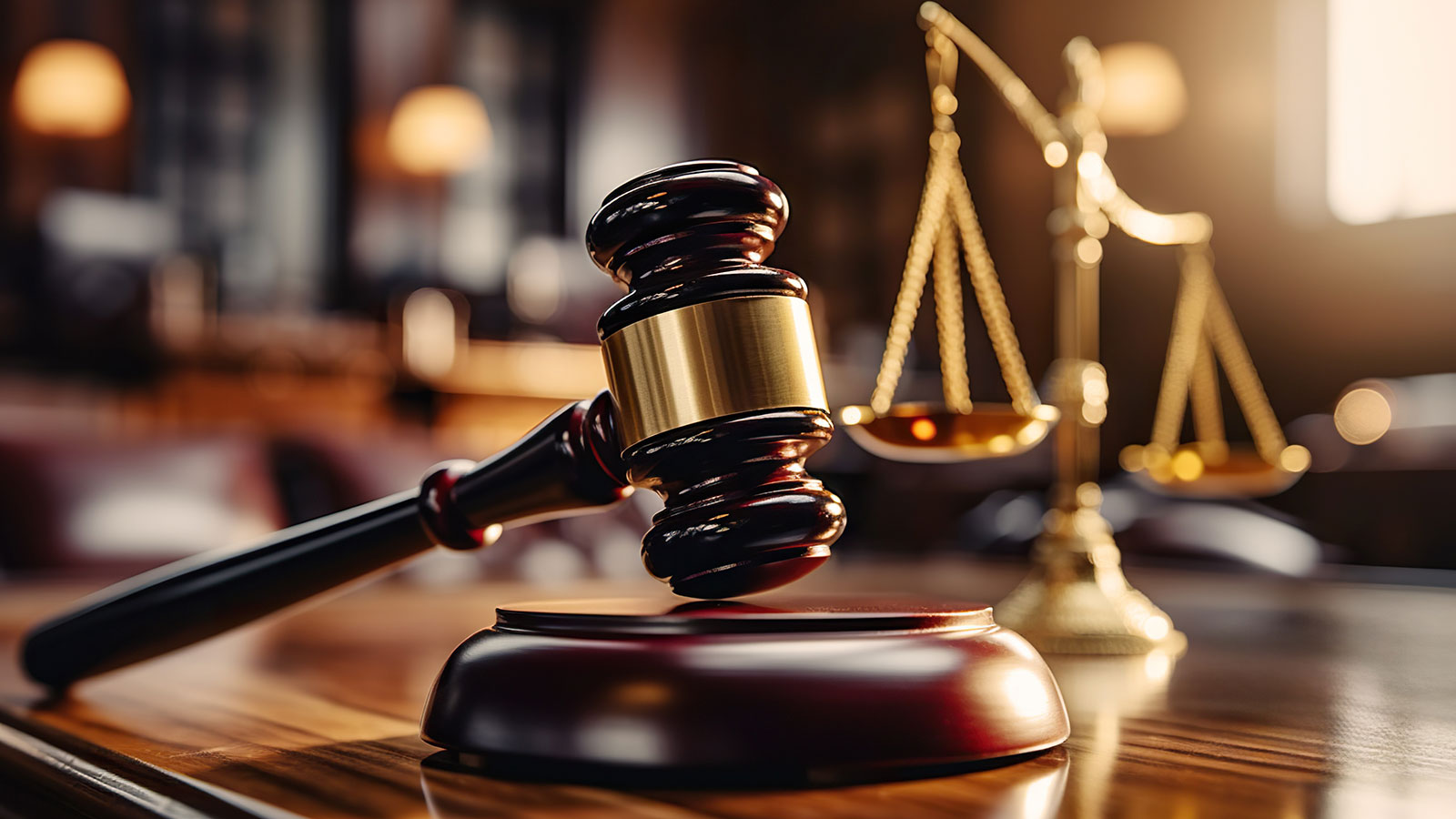 Close-up of gavel on judge desk, symbolizing court trial