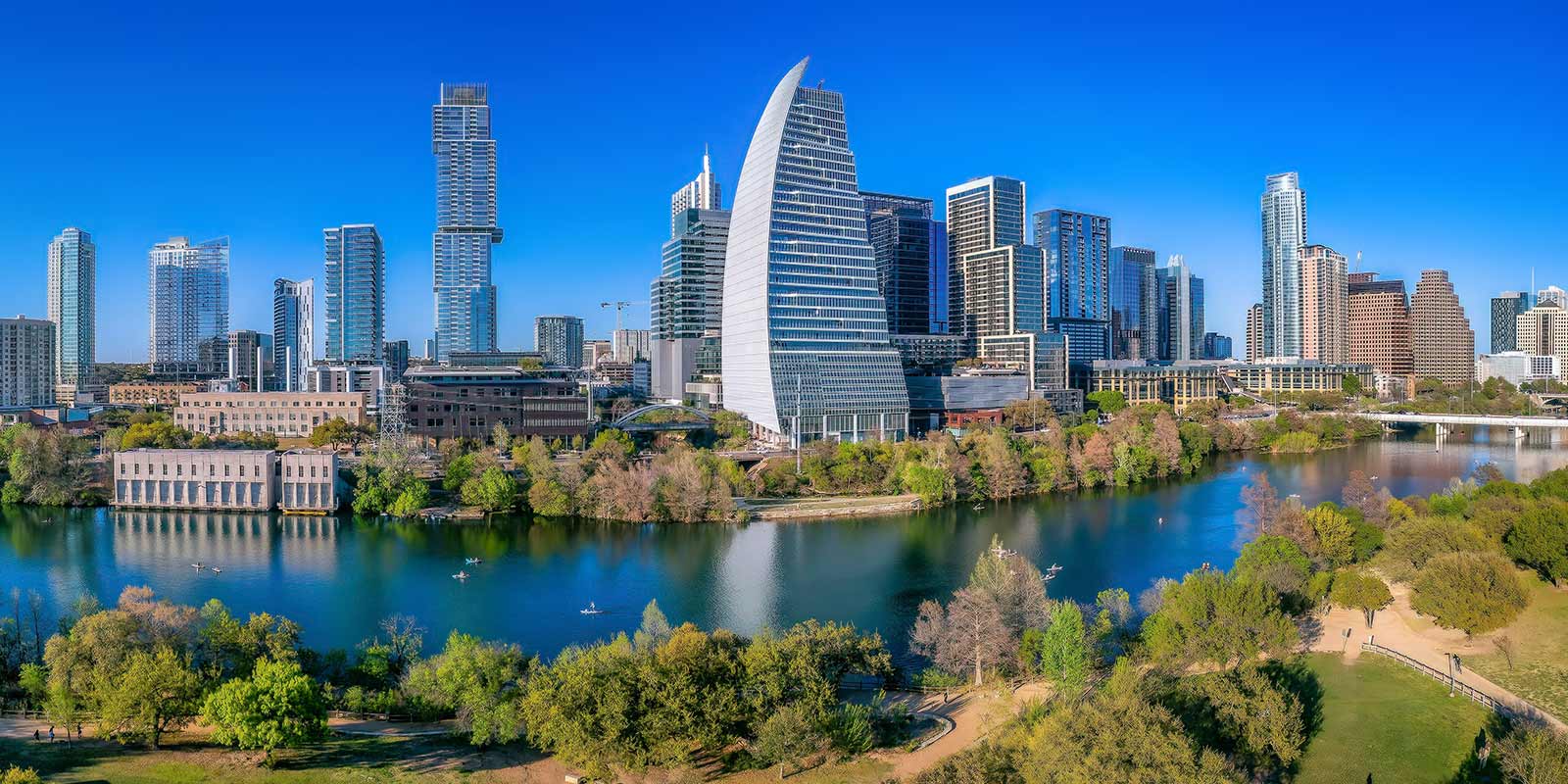 Colorado River at the front of Austin, Texas cityscape
