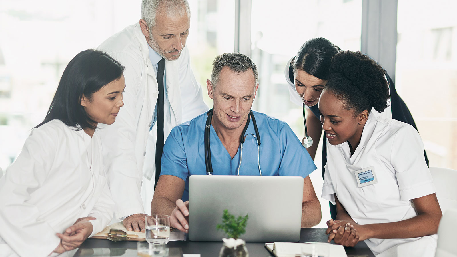 Healthcare, doctors and laptop in banner for research