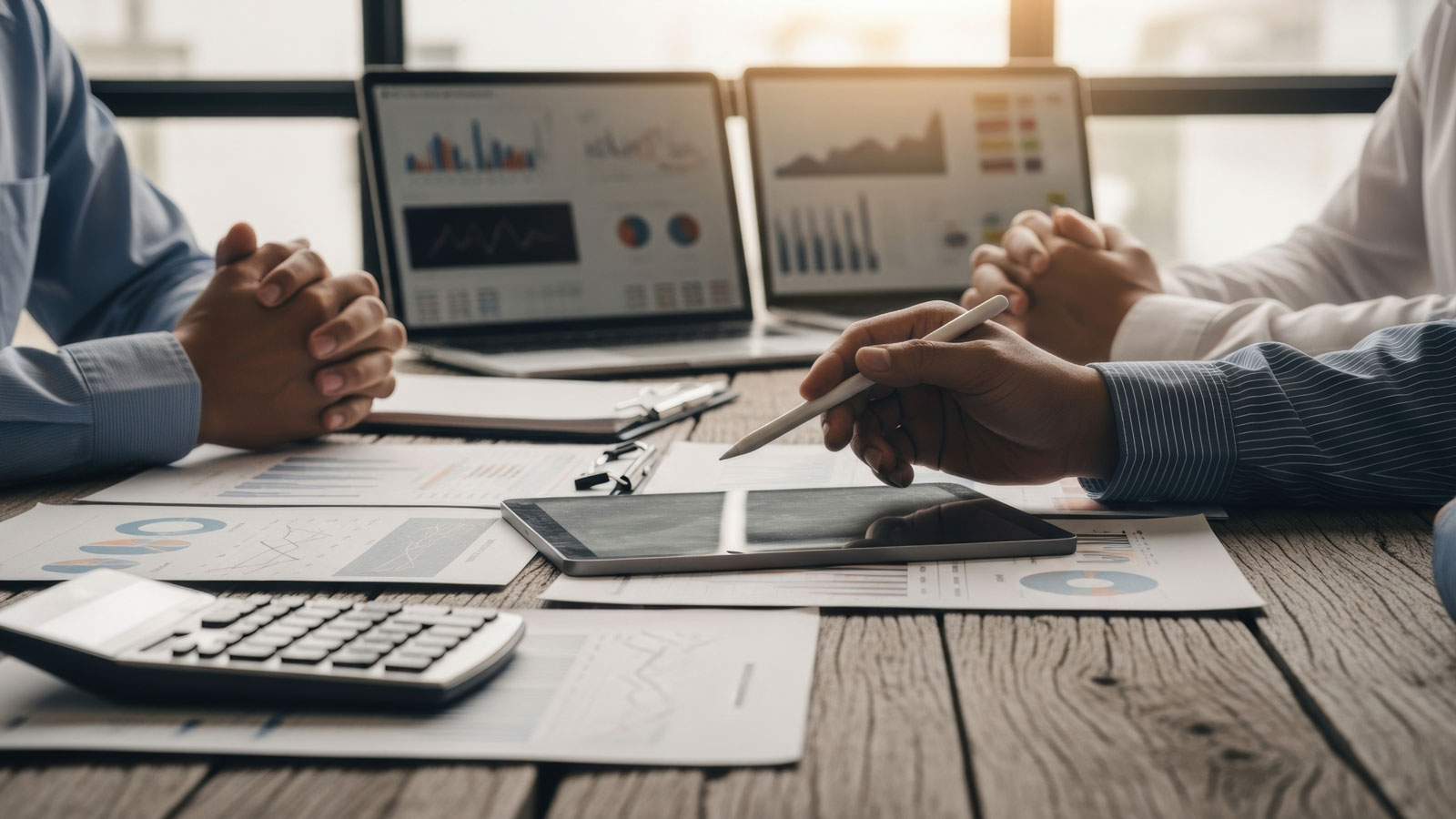 A close up shot showcases a business team reviewing financial data on a wooden table