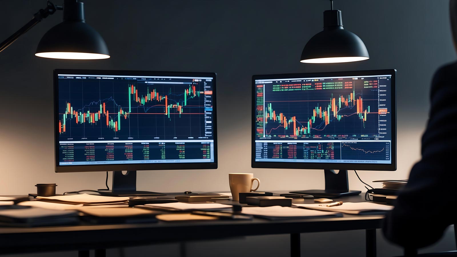 Cluttered Trader’s Desk with Modern Monitors Displaying Stock Market Data