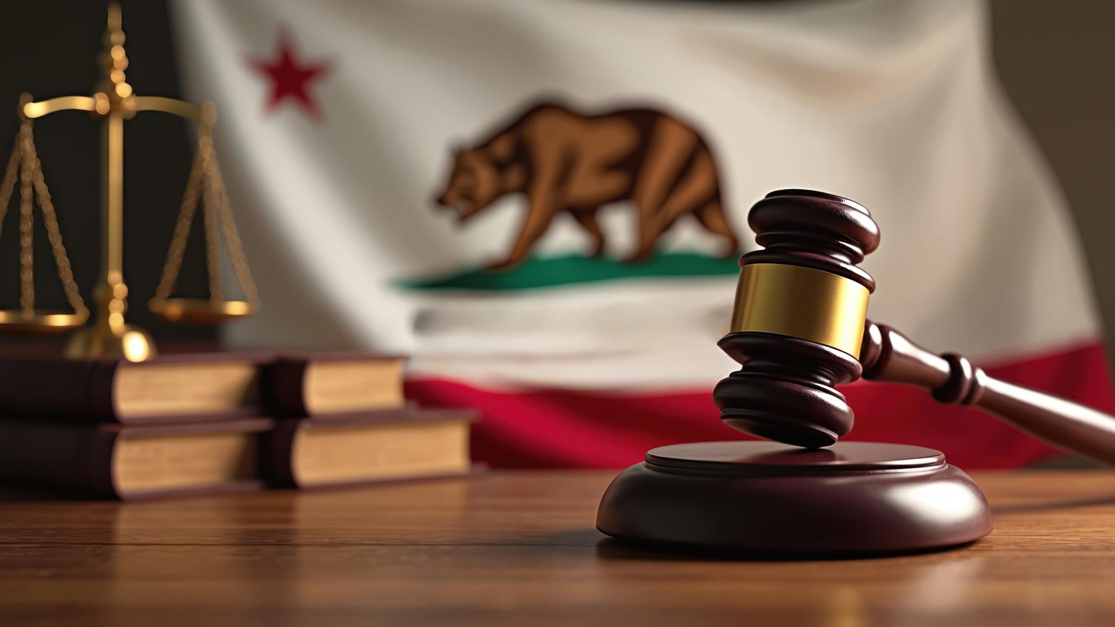 Gavel rests near California flag books