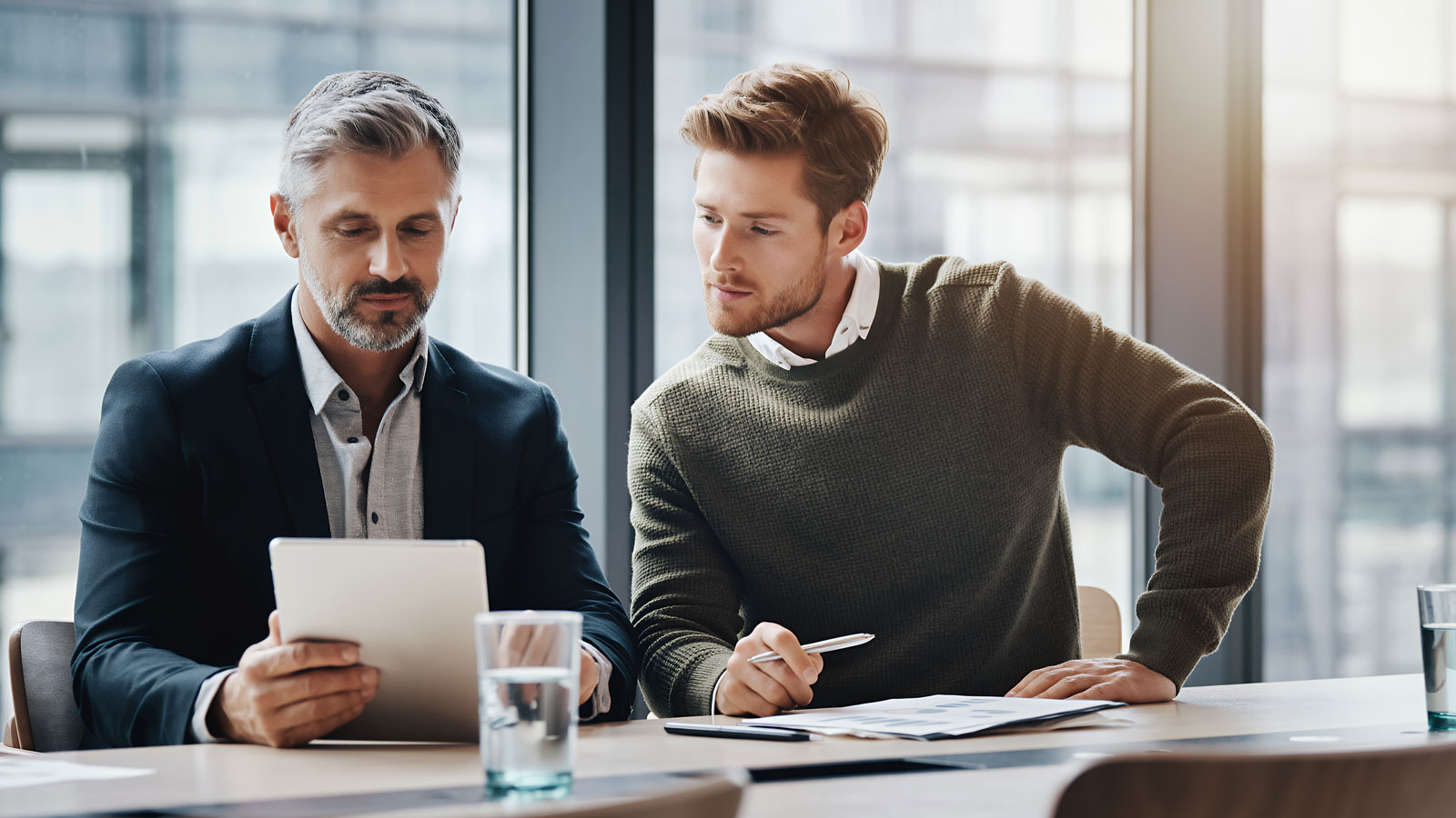 Two male corporate executives, a CEO and a manager, reviewing a tablet and documents