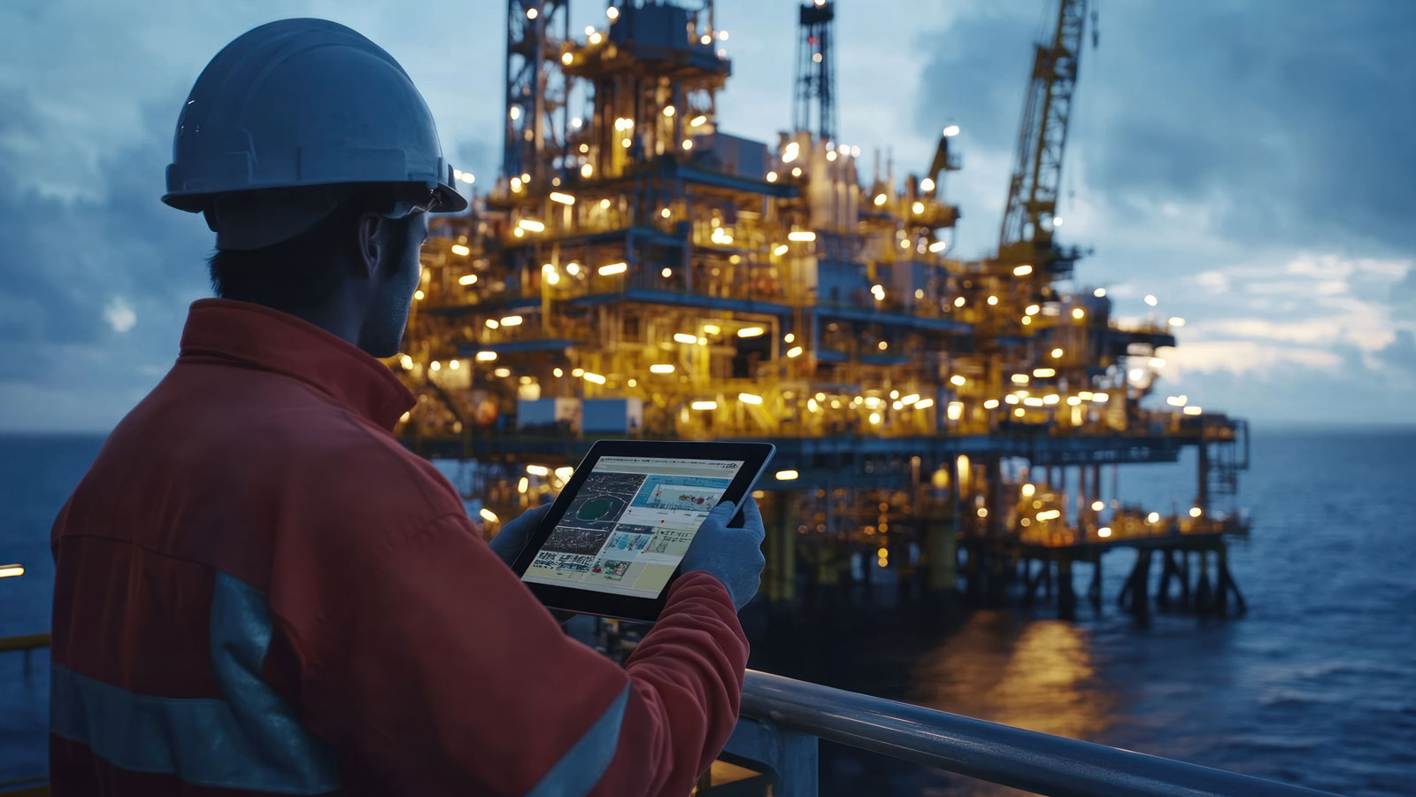 A gas and oil rig controlled by an operator with a tablet interface