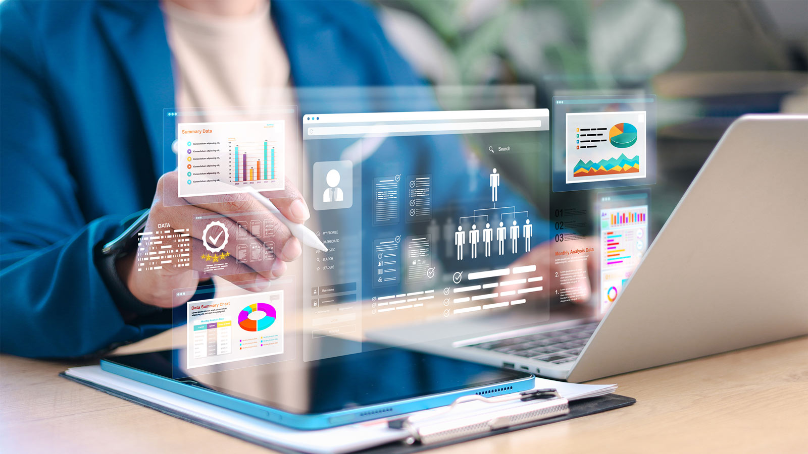 Business professional analyzing data and dashboards on digital devices
