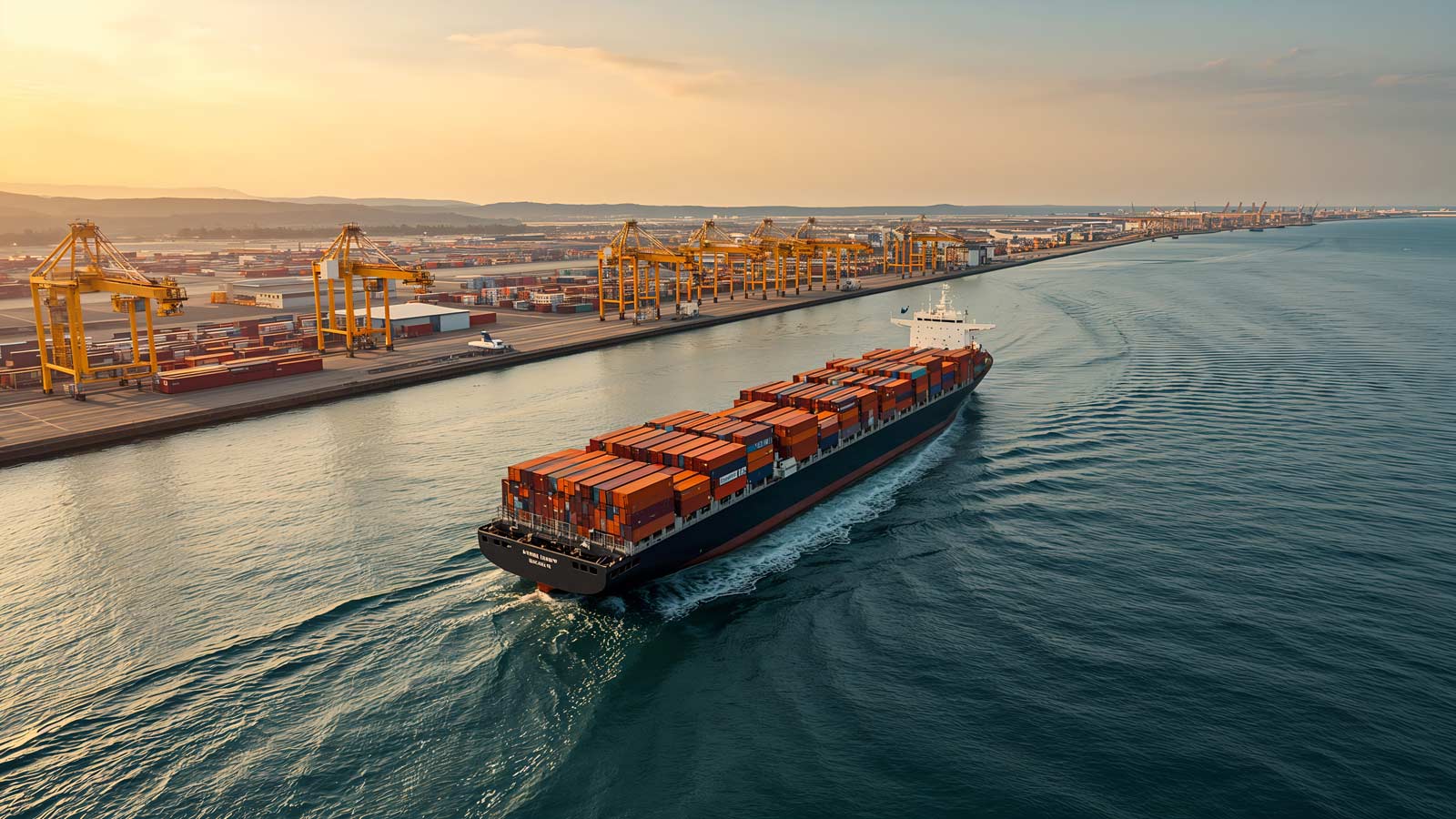 a cargo ship sailing into a busy port