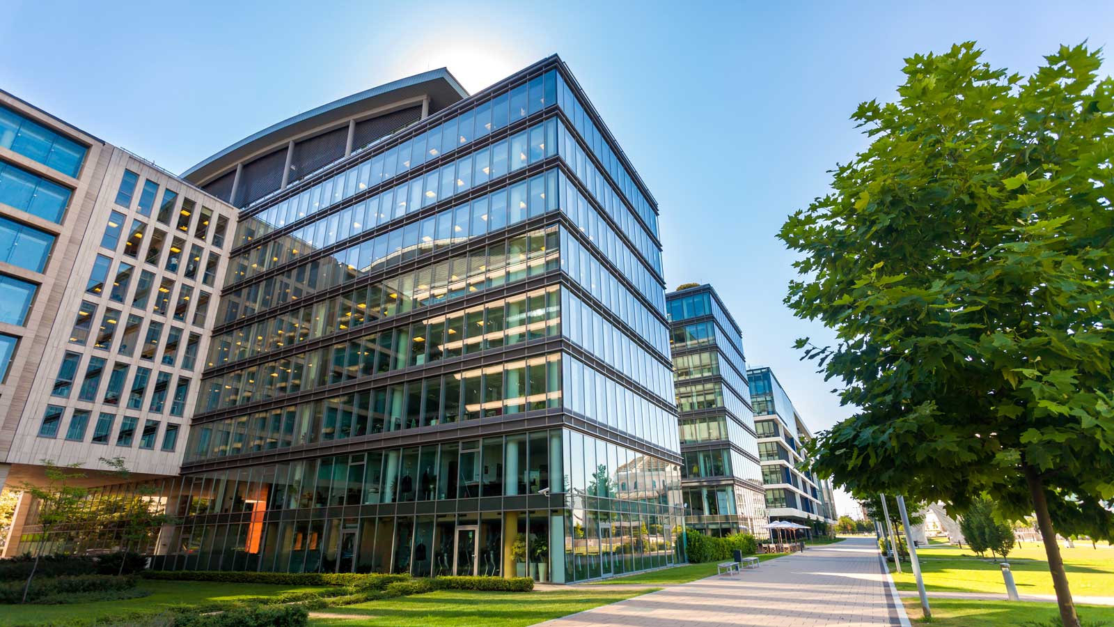 Alley with modern office buildings in Budapest