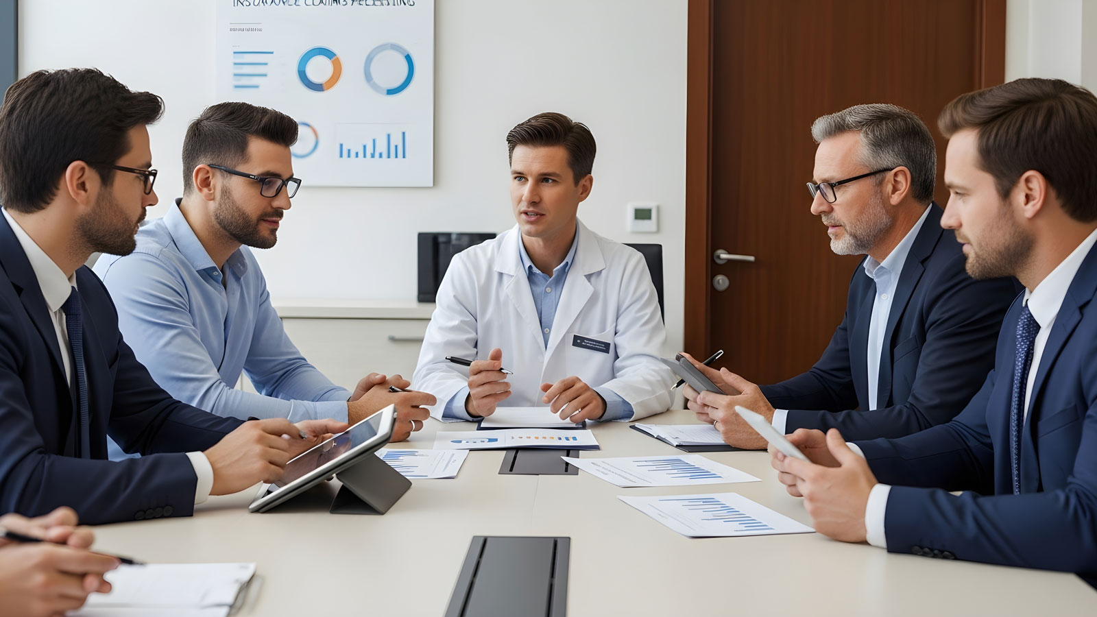 Healthcare professionals in a meeting discussing data and Revenue Cycle Management