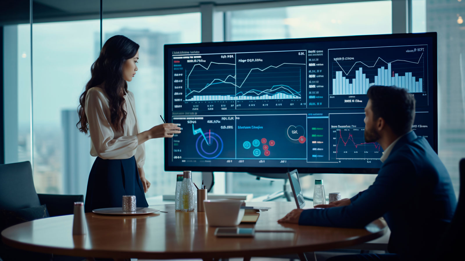 The concept of data-driven decision-making in the corporate world by photographing a diverse group of professionals in a boardroom