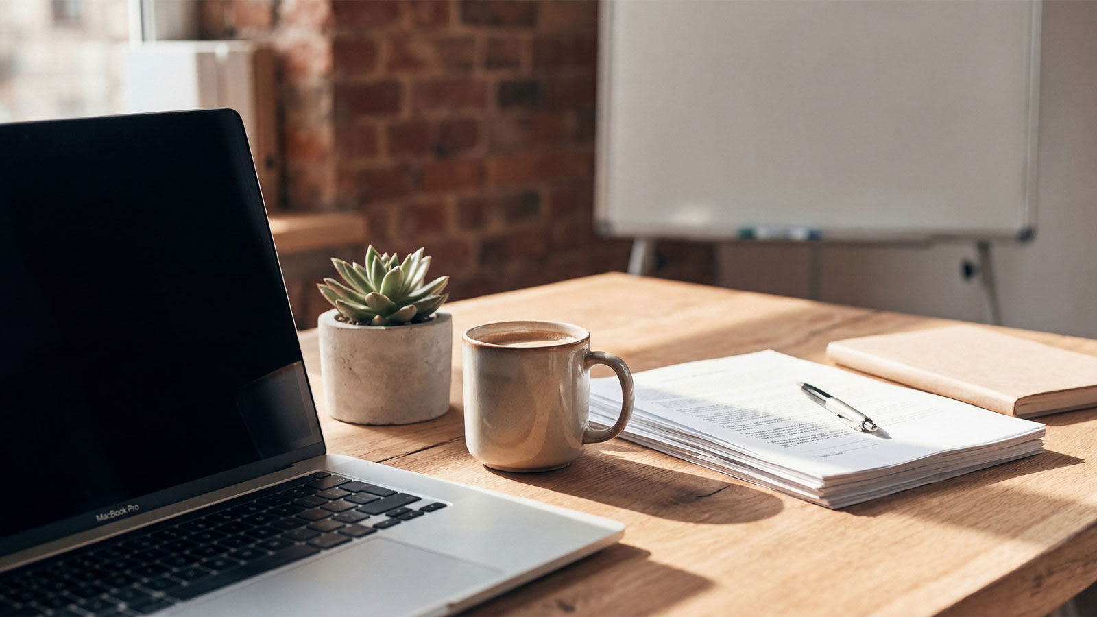 Wooden office desk close-up with laptop, coffee, succulent plant, documents, and whiteboard