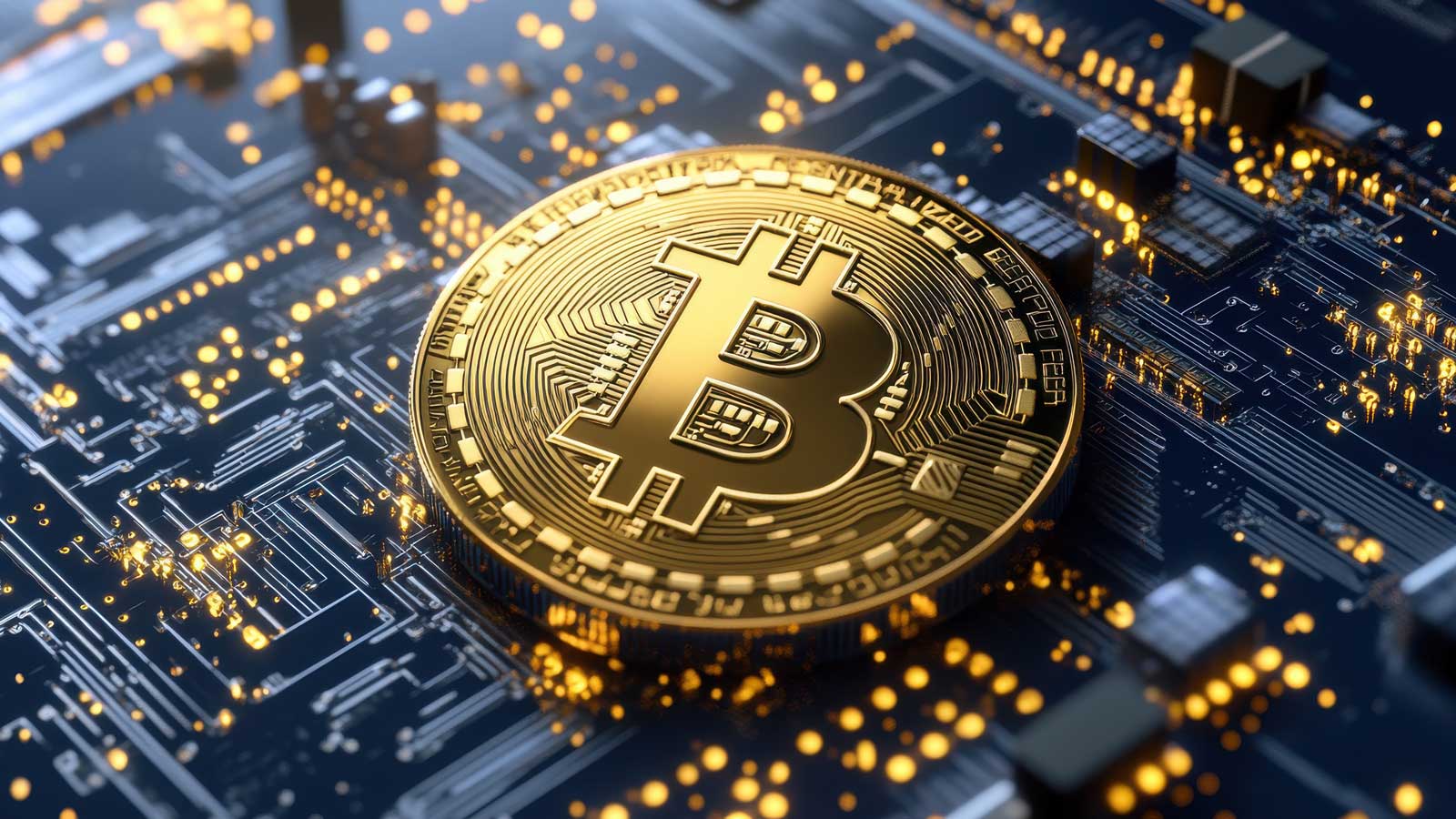 Golden Bitcoin Coin on Circuit Board