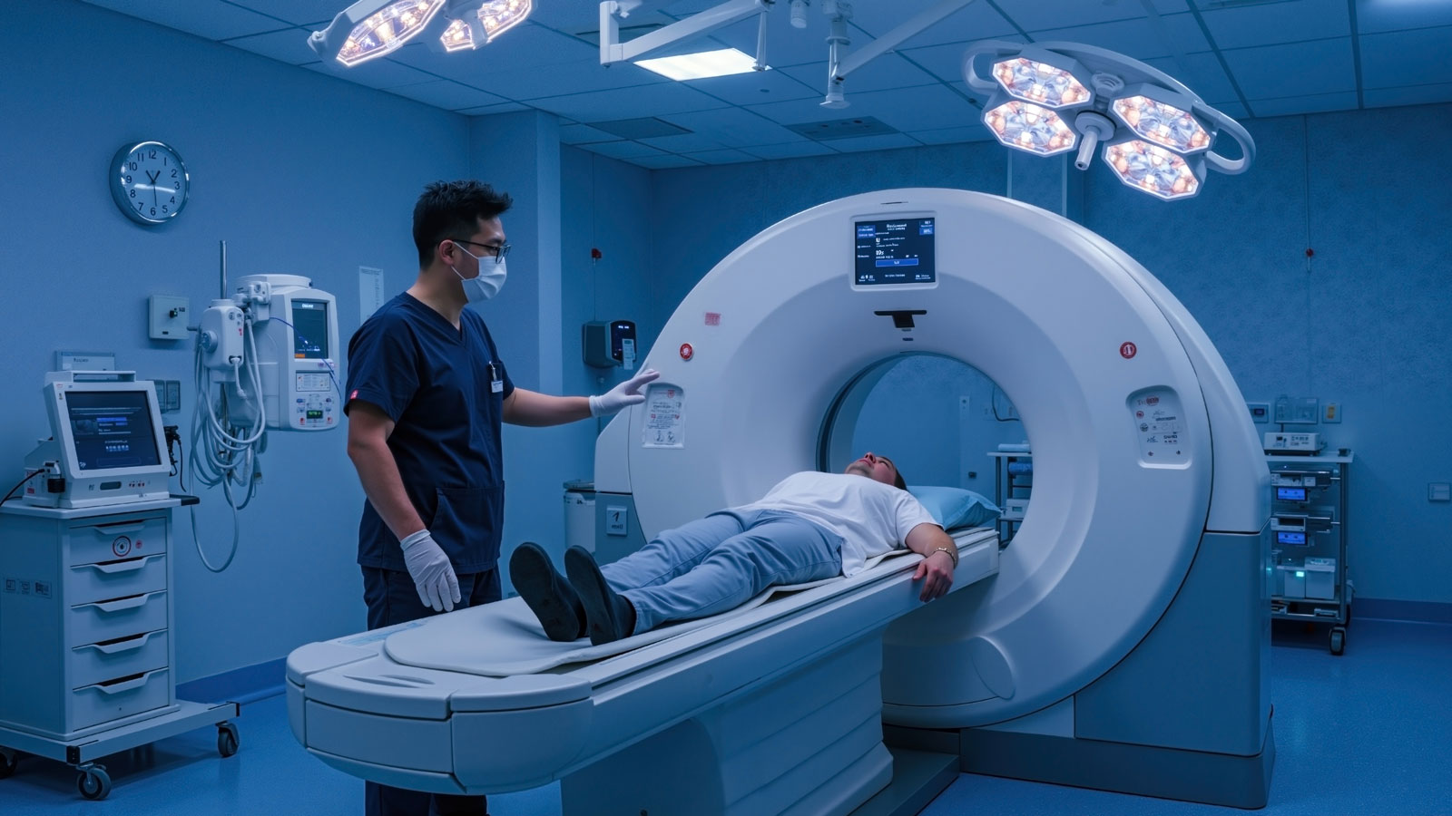 Radiographer preparing male patient for CT scan in modern hospital
