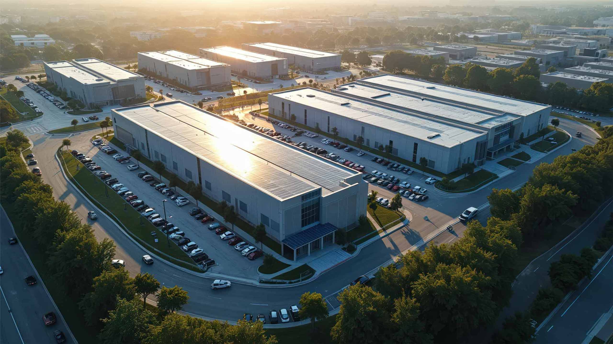 Aerial view of large modern data center campus with multiple white buildings and solar panels