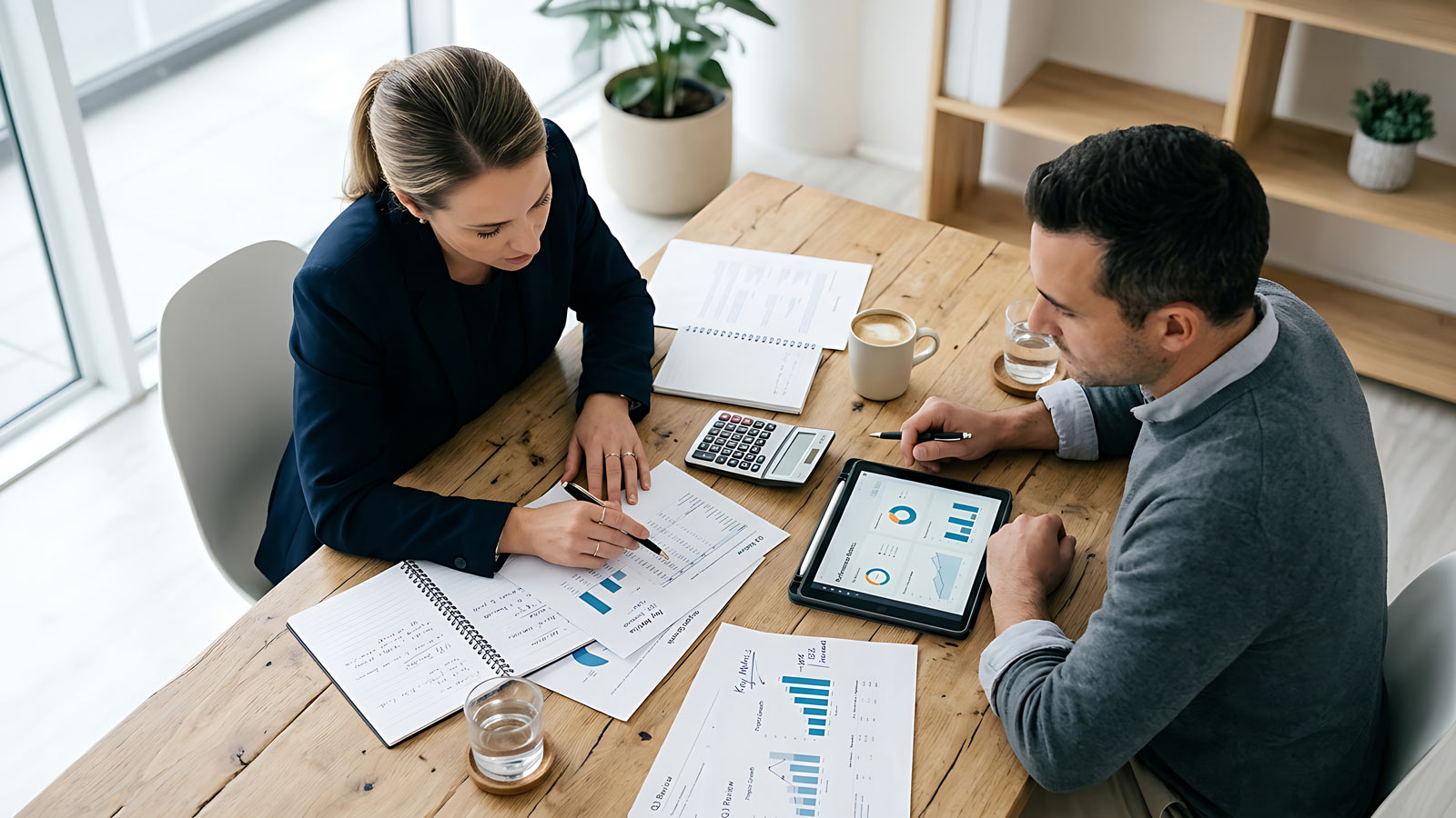 Business meeting: two professionals analyzing financial reports and digital charts on tablet