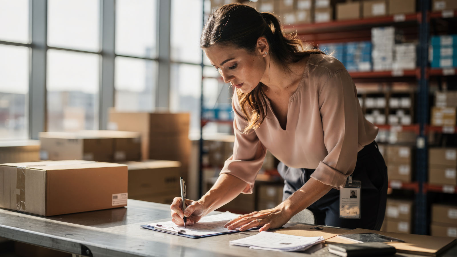 Businesswoman Signing Documentation in a Busy Distribution Center