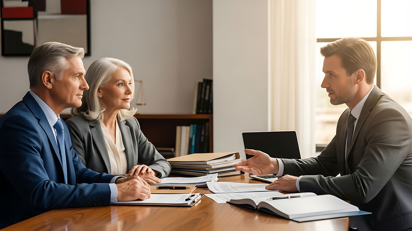 Senior couple meeting with professional attorney to discuss legal contracts and financial planning