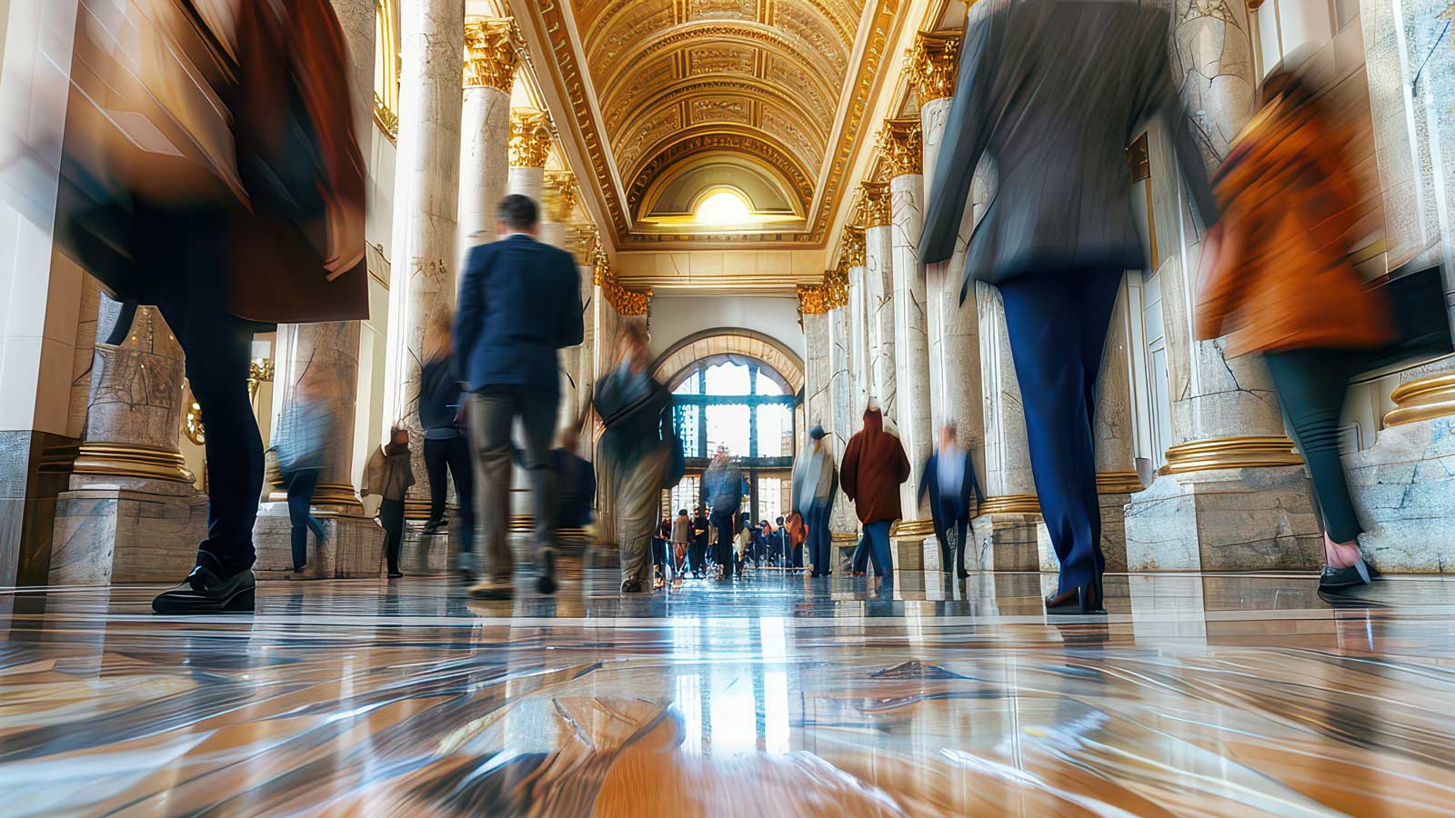 Wide angle shot of people walking through a government building interior