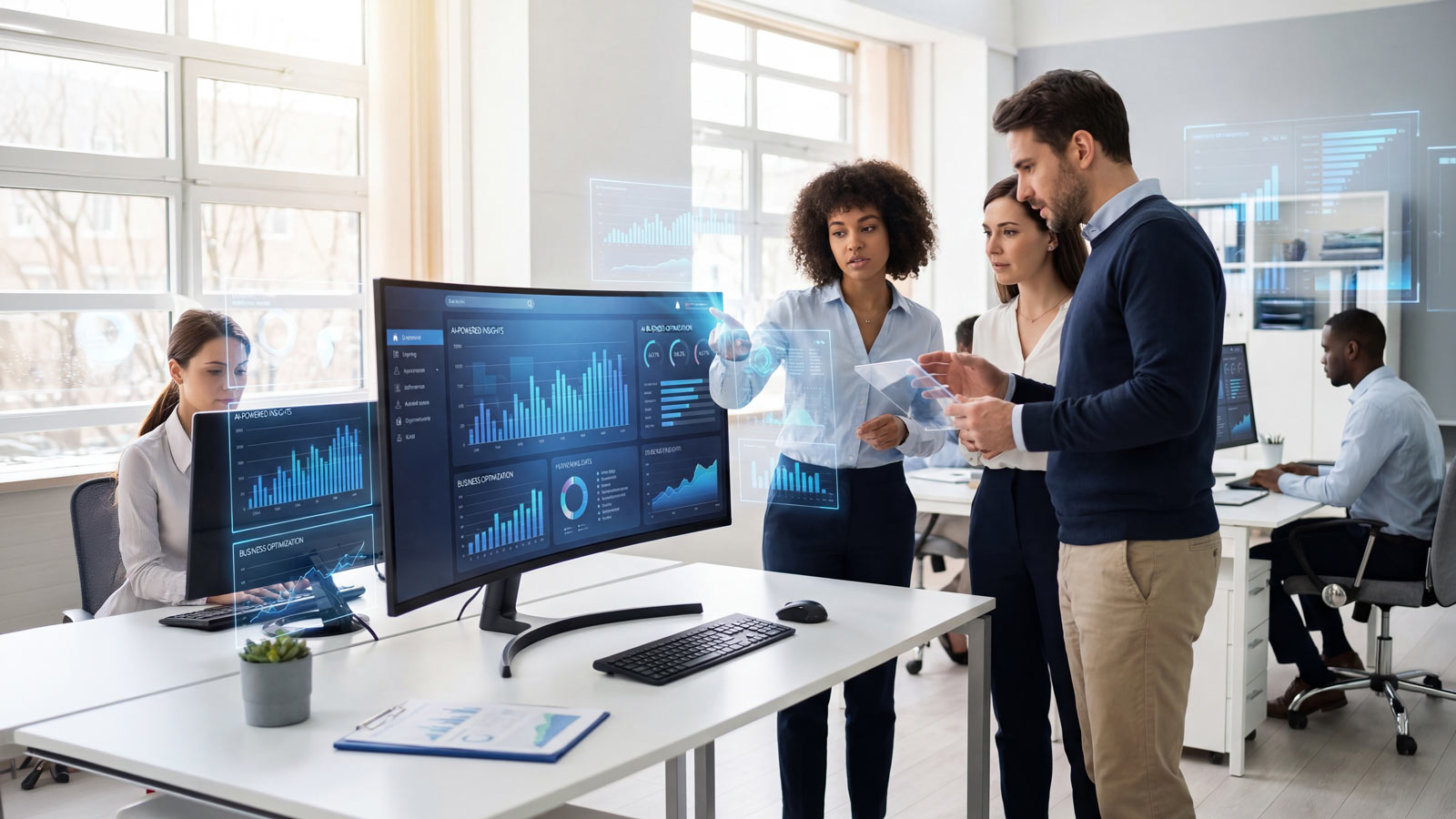 AI-Powered Insights: Data analysts using digital graphs and smart dashboards to optimize performance and advanced business technology.