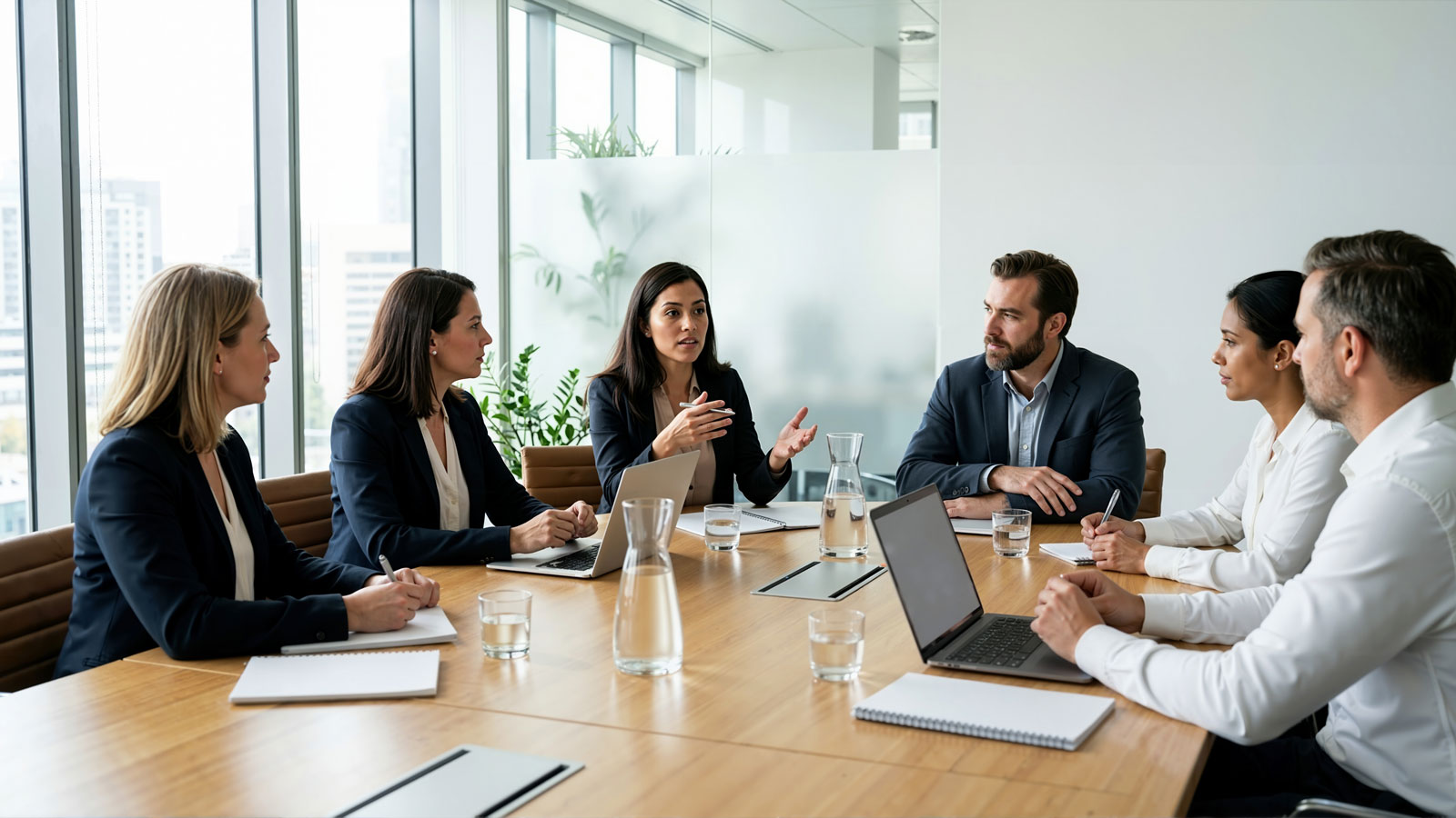 Diverse corporate team having a board meeting in a modern office.
