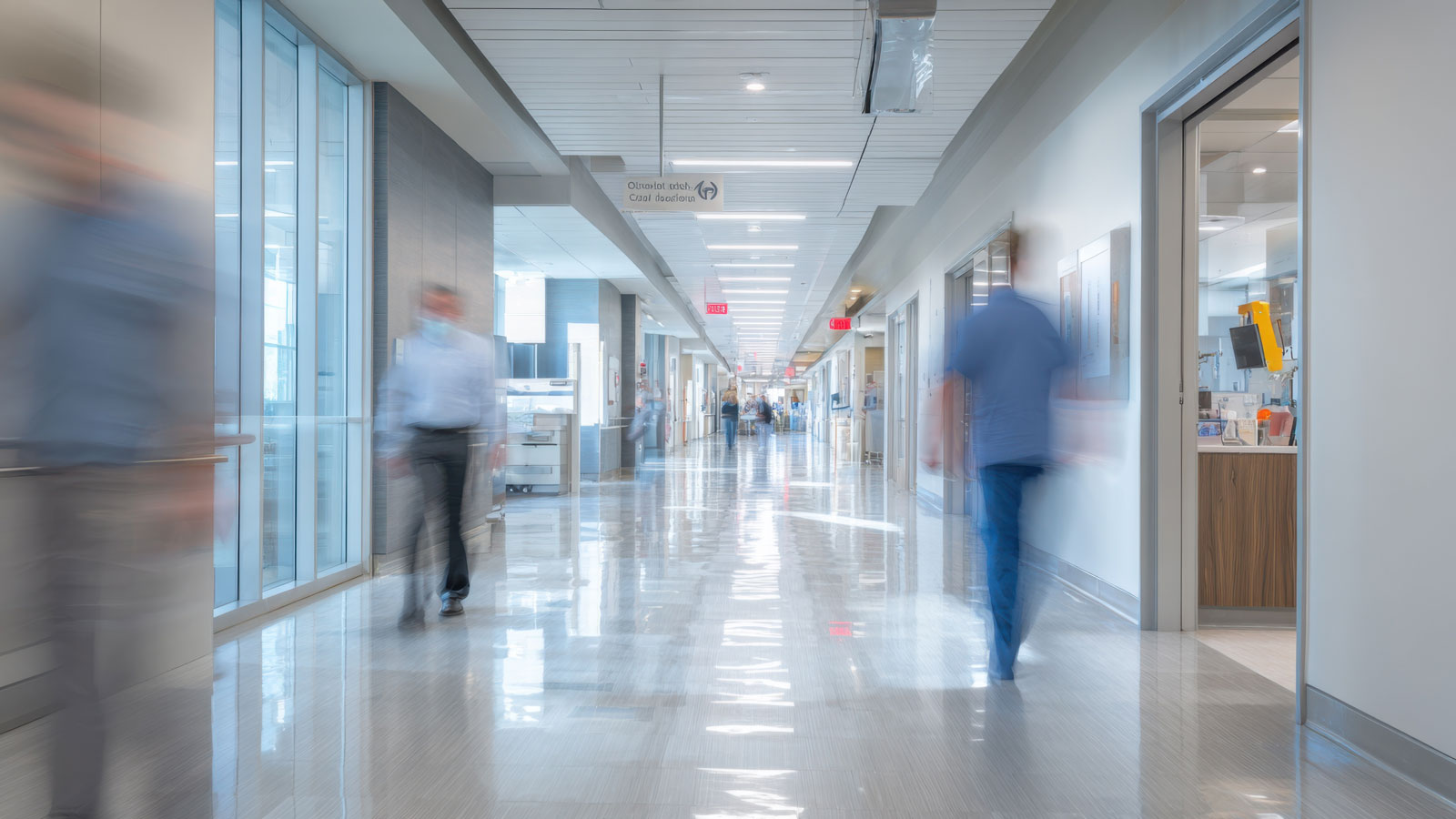 Main focus on hallway intersection with clear signage while blurred hospital employees and equipment