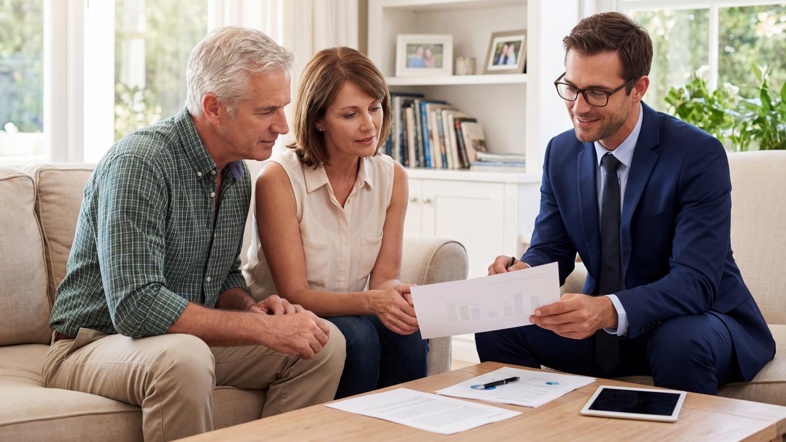 Professional financial advisor discussing retirement plan with senior couple at home