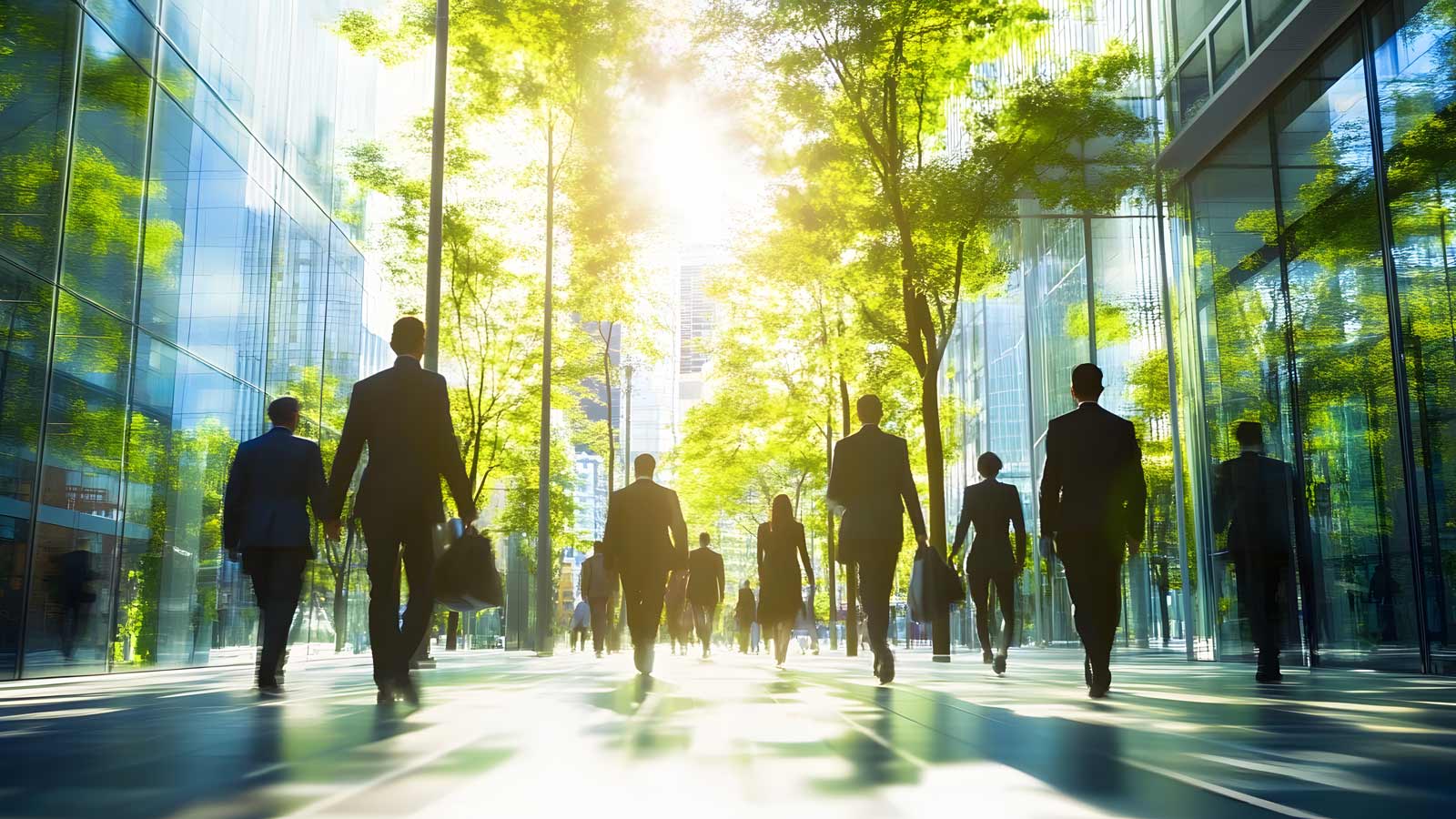 The concept of sustainability in business centers, crowds of business people walking at a corporate office in a green city downtown