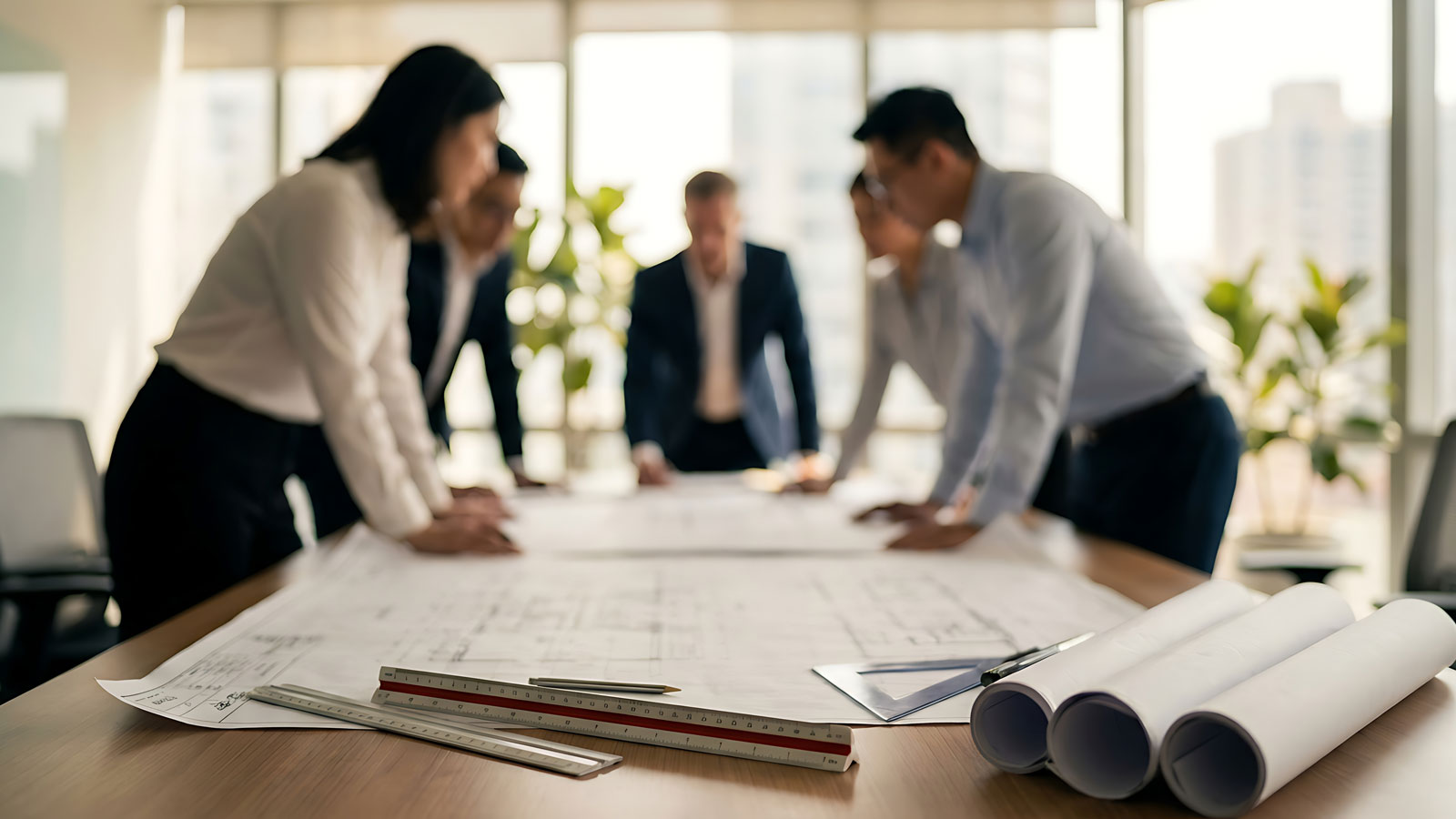 Business professionals reviewing architectural blueprints and plans in a modern office meeting.