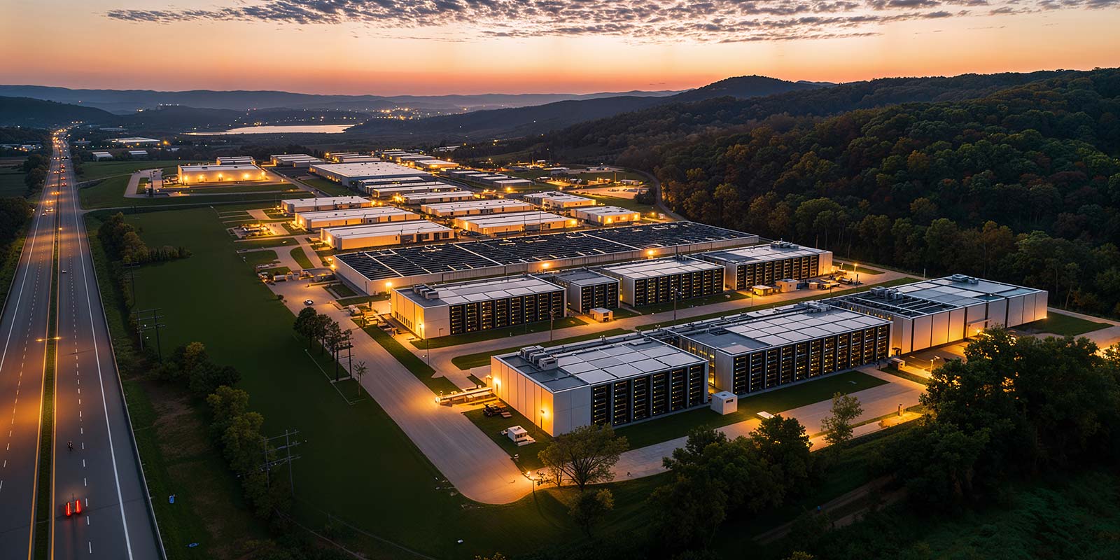 High-angle aerial view of a massive modern data center campus at sunset