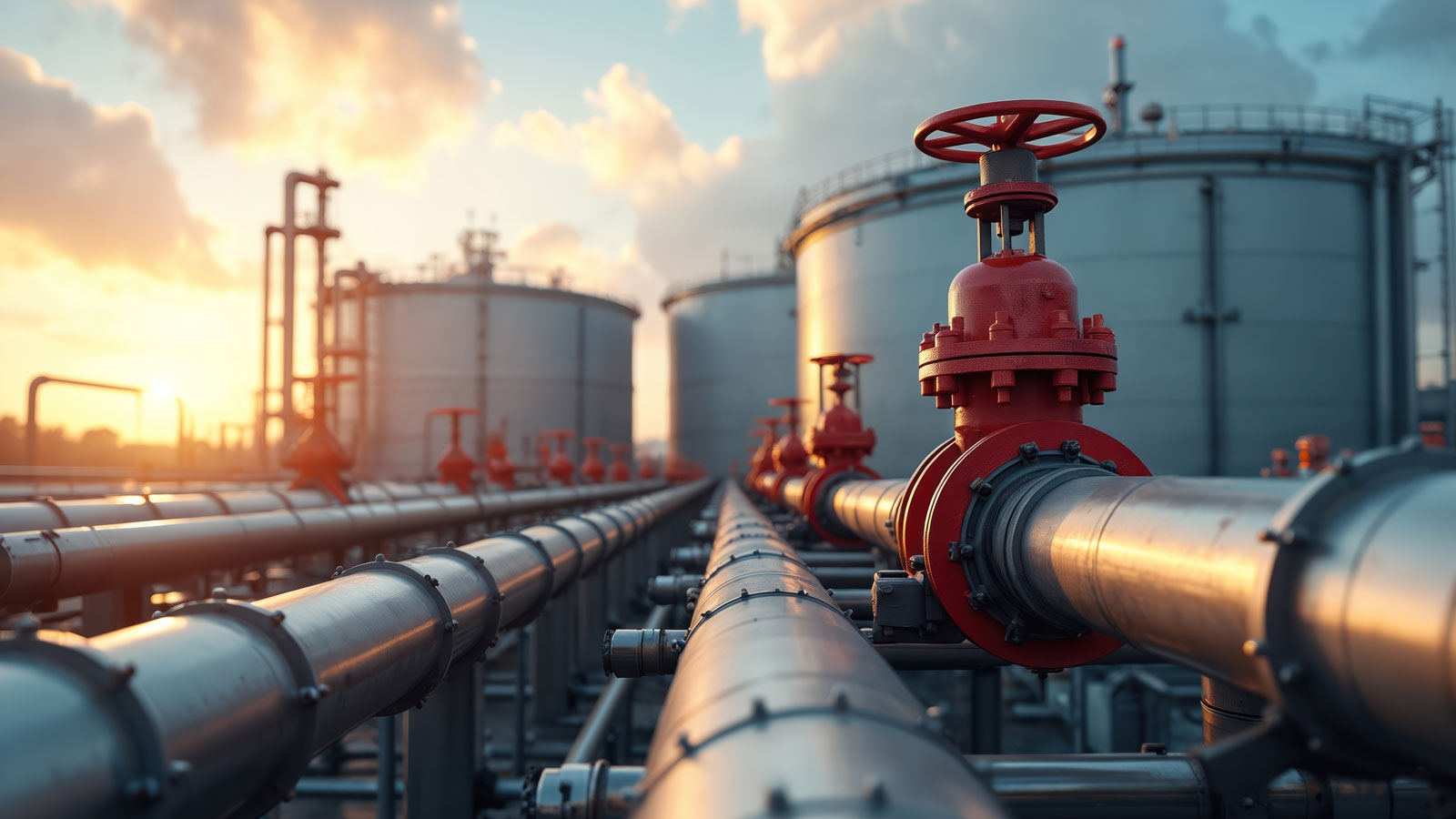 Industrial oil and gas pipelines with red valves stretch towards large storage tanks