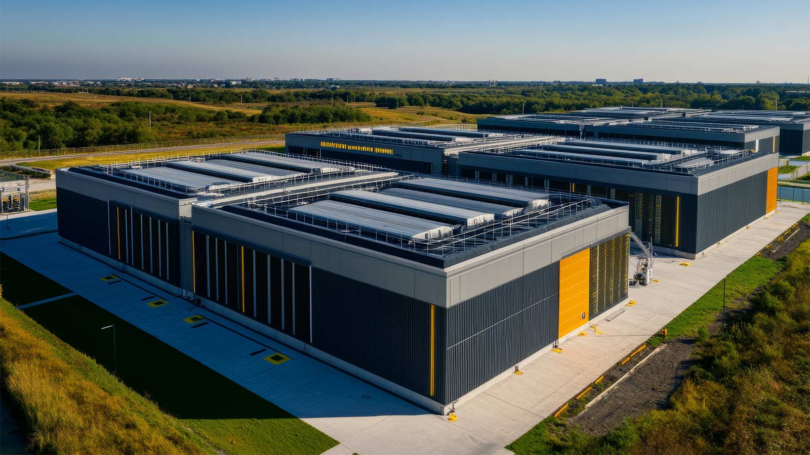 Aerial view of a photorealistic modern data center