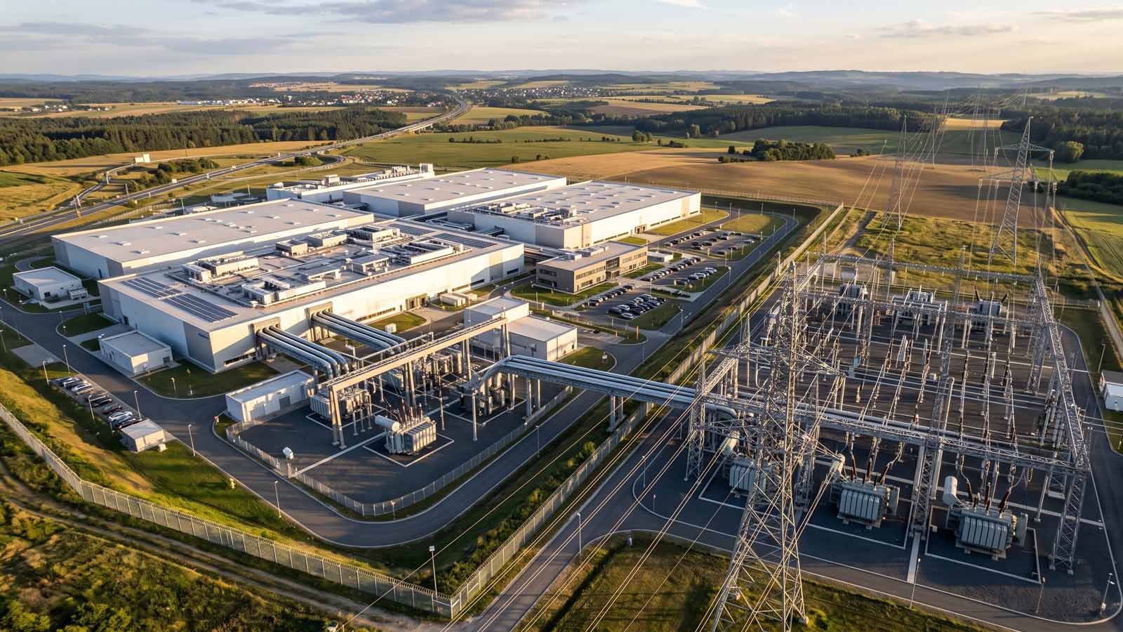 Golden Hour Aerial of a Large White Data Center Campus